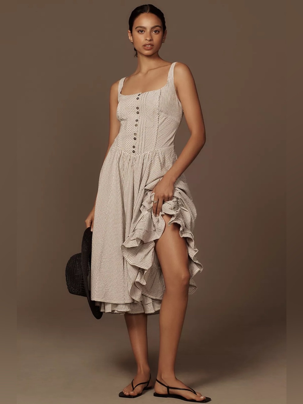 Pilcro by Anthropology, Cream Striped Button-Front Ruffle Midi Dress  Sz 8P